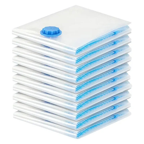 Stack of 10 clear vacuum storage bags with blue valve for clothing organization