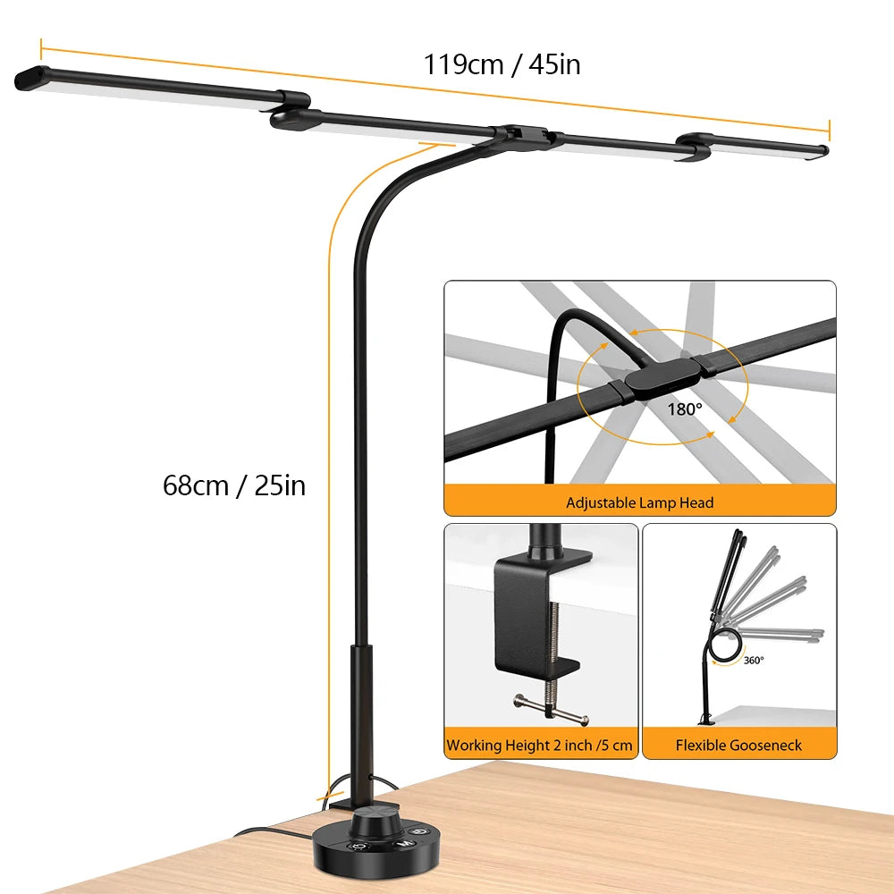 Ultra-Wide 4-Head LED Desk Lamp with Clamp, Stepless Dimming for Home Office & Dual Monitor Setups