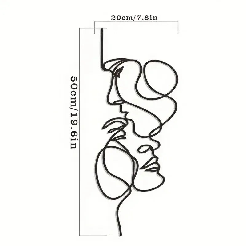 Larger size metal abstract face wall art, measuring approximately 19.6 by 7.8 inches