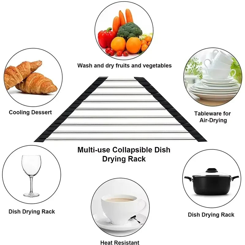 infographic of triangular dish drying rack with use cases like drying produce or dishes