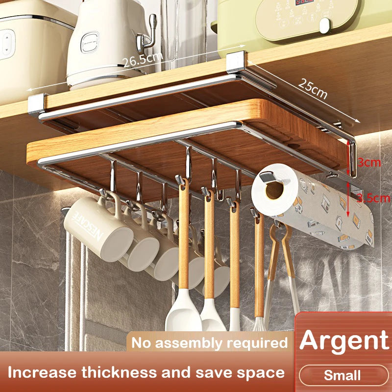 Under Cabinet Metal Organizer Rack with Hooks for Kitchen or Closet