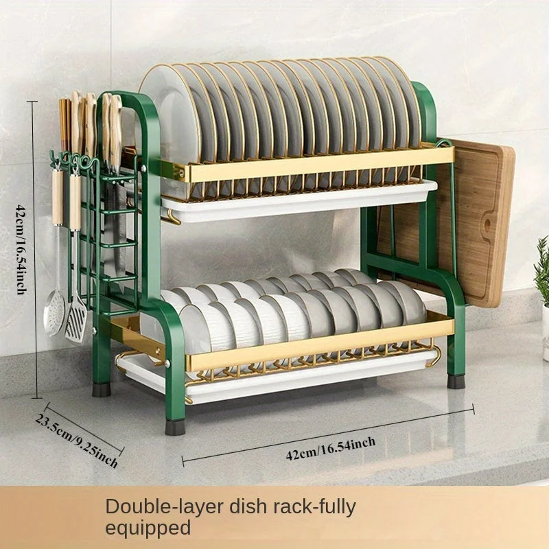 Compact Metal Dish Drying Rack with Utensil Holder and Drainboard
