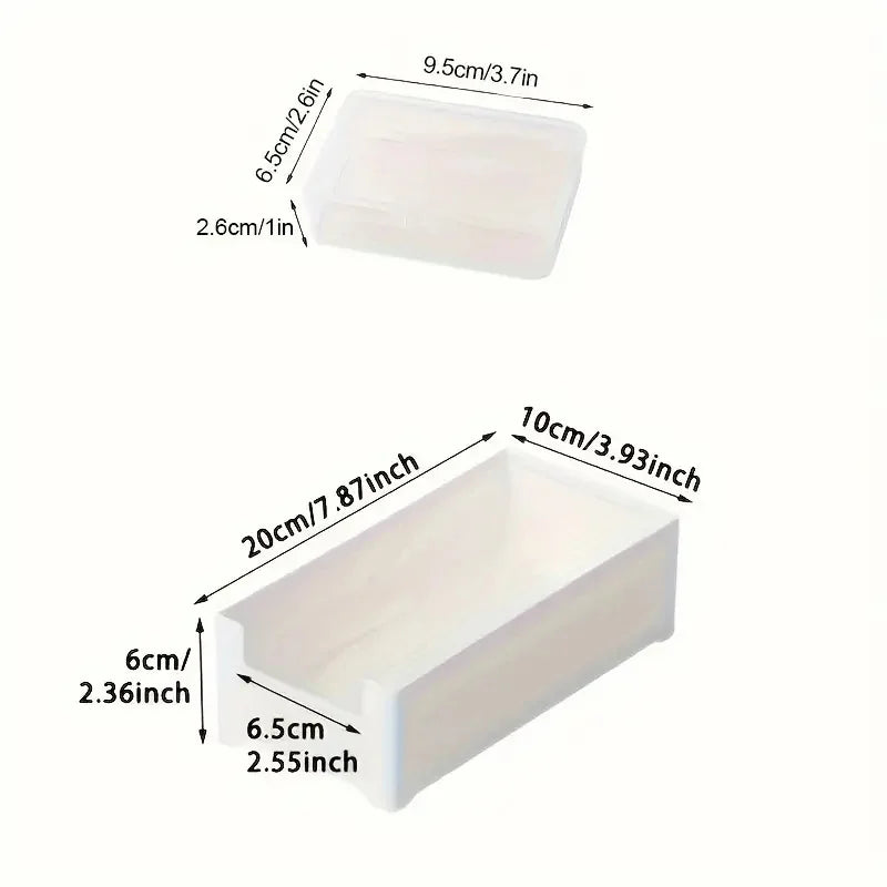 Size diagram showing dimensions of the clear cable box and large white tray in centimeters and inches