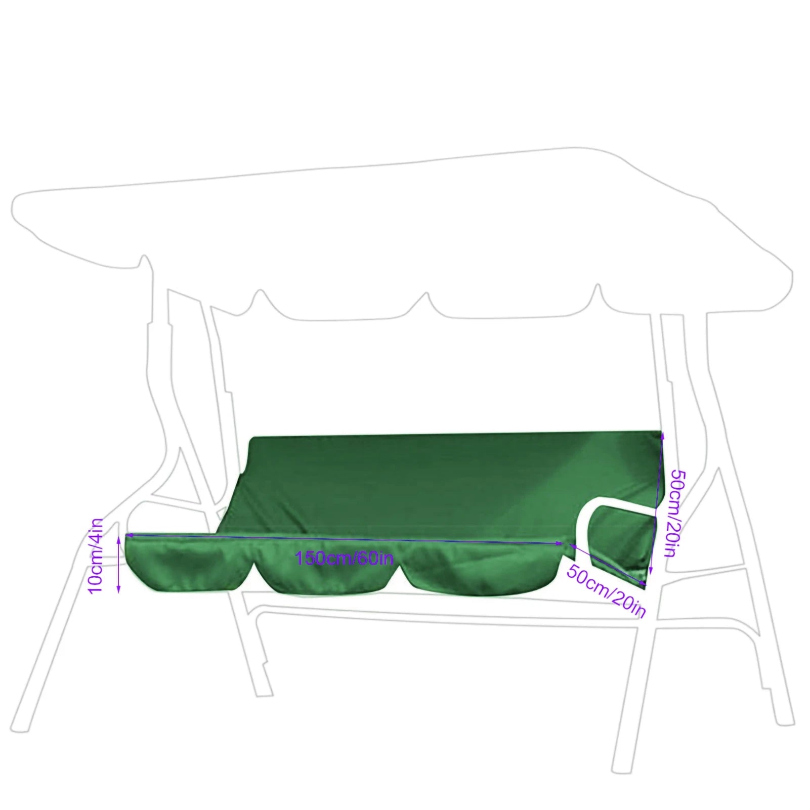 Green swing cushion cover on patio swing with size markings 150 x 50 x 10 cm