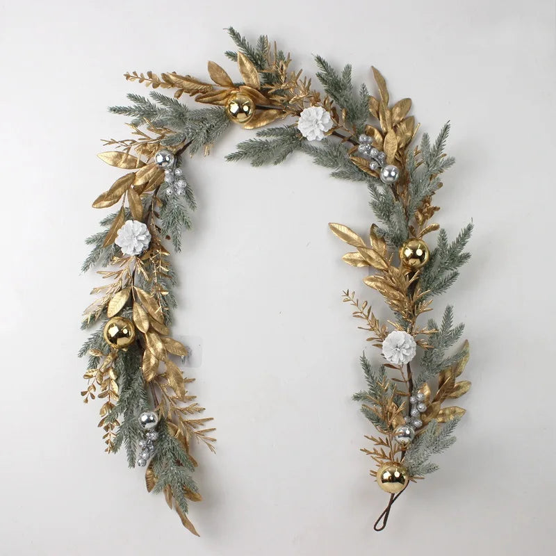 artificial Christmas rattan garland with gold leaves and pinecones
