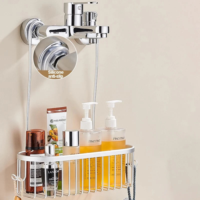 Close up of hanging shower caddy with silicone anti-slip detail