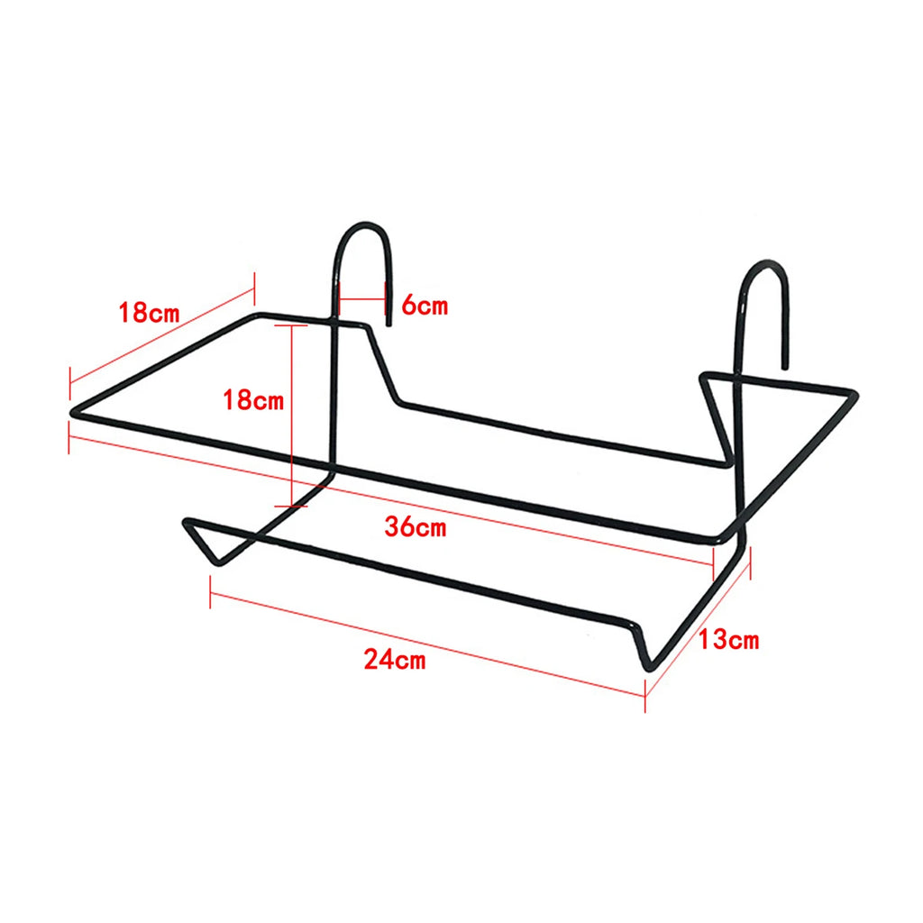 Black metal hanging rack for railing planters with measurements labeled in centimeters