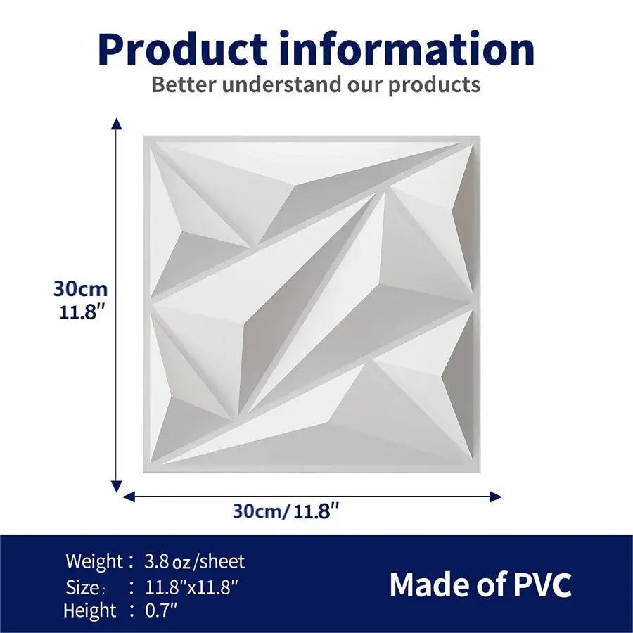 30cm square 3D wall panel in white with size details and PVC material info