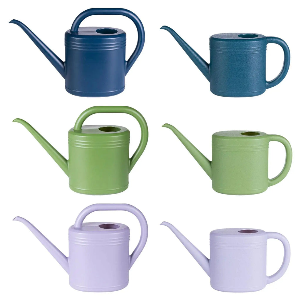 Assorted blue, green, and violet plastic watering cans shown in two sizes