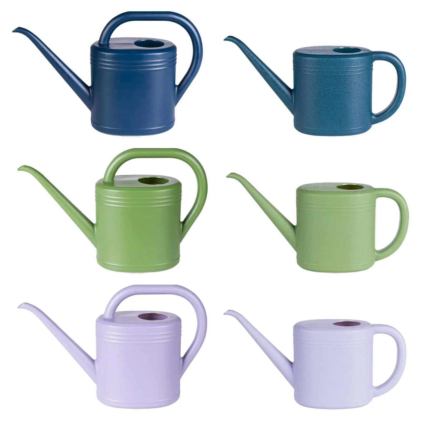 Assorted blue, green, and violet plastic watering cans shown in two sizes