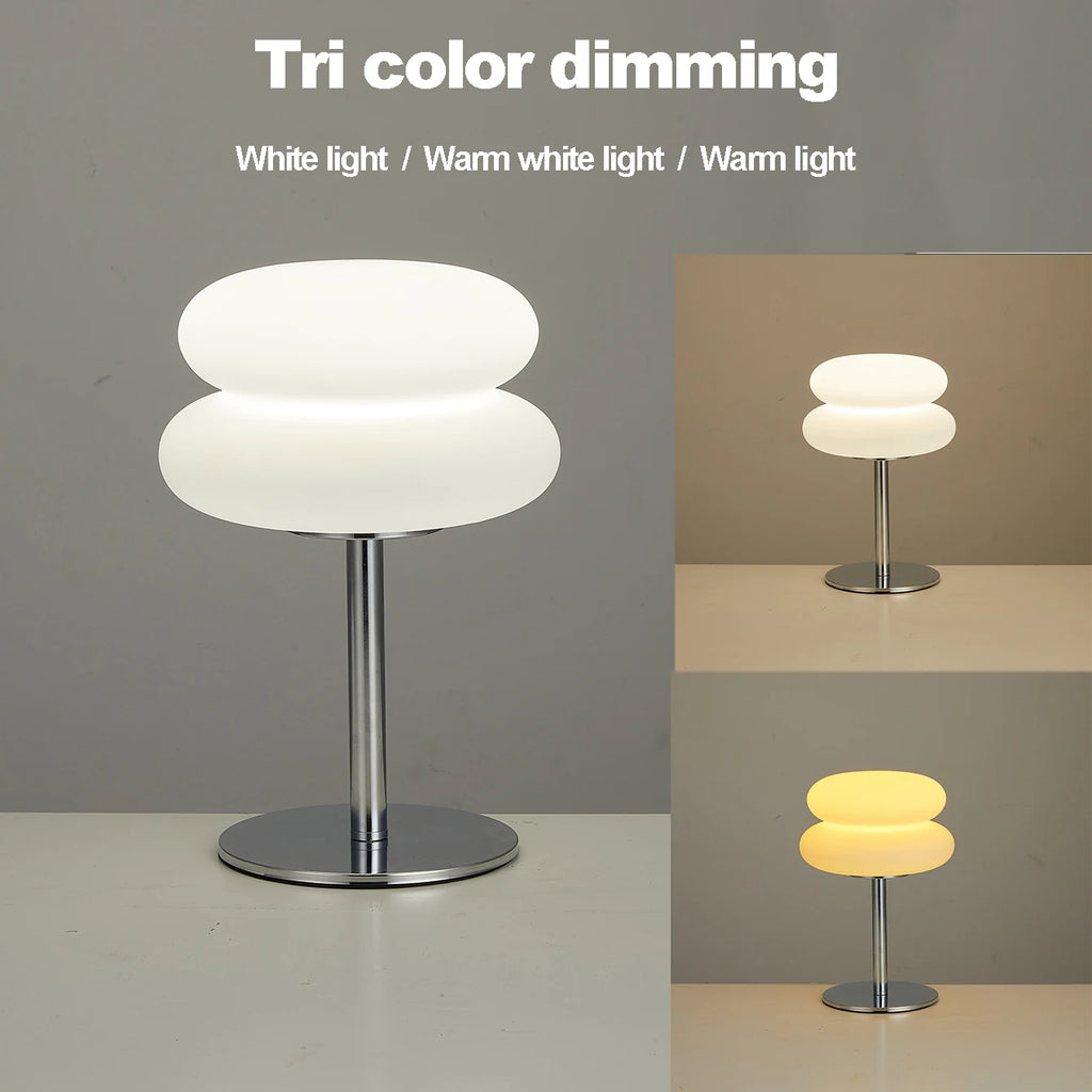 Mushroom LED table lamp showing three dimmable light color settings