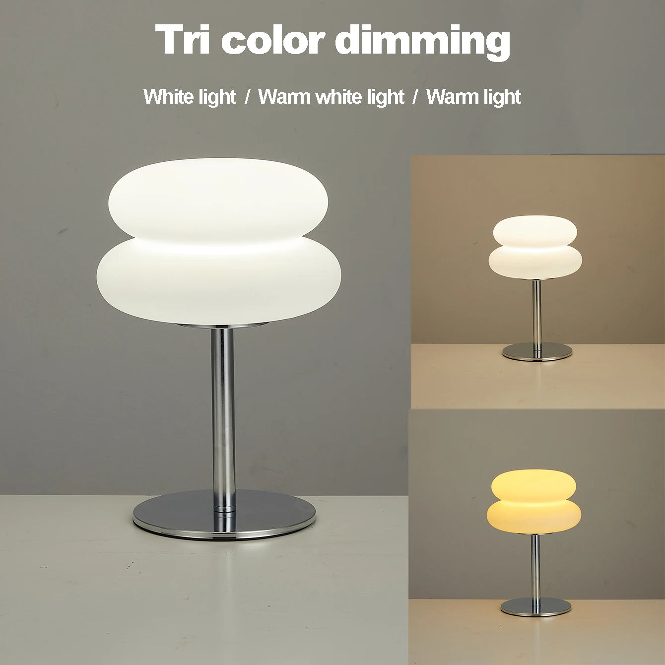 Mushroom LED table lamp showing three dimmable light color settings