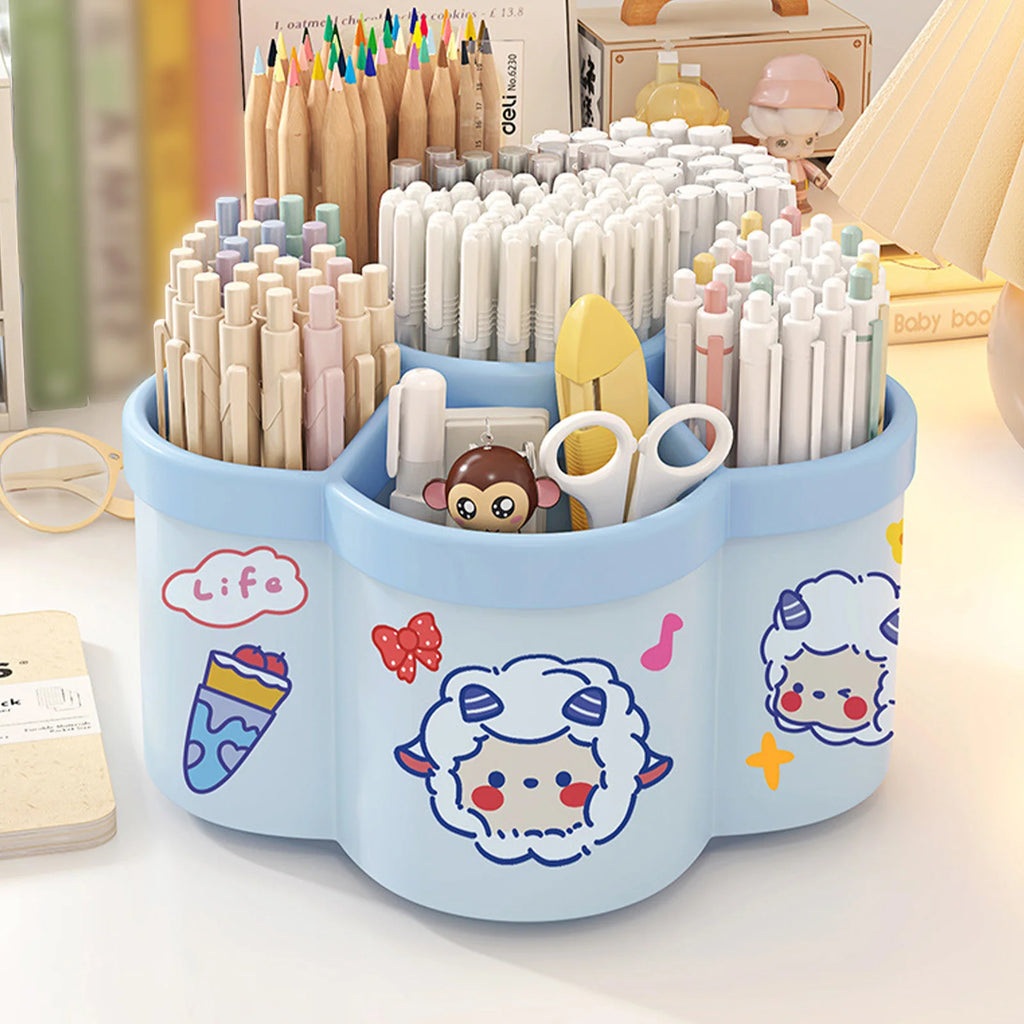 Blue kawaii rotating desk organizer filled with colored pencils and highlighters on a student’s desk