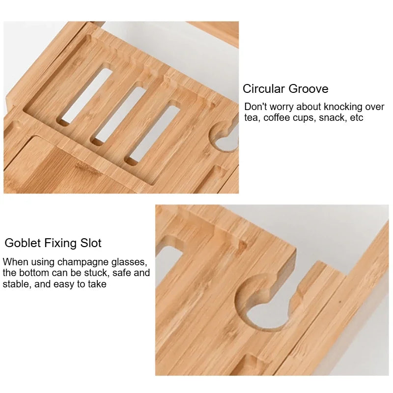 Detail of the wooden tray's tablet slot and closeup of extendable design