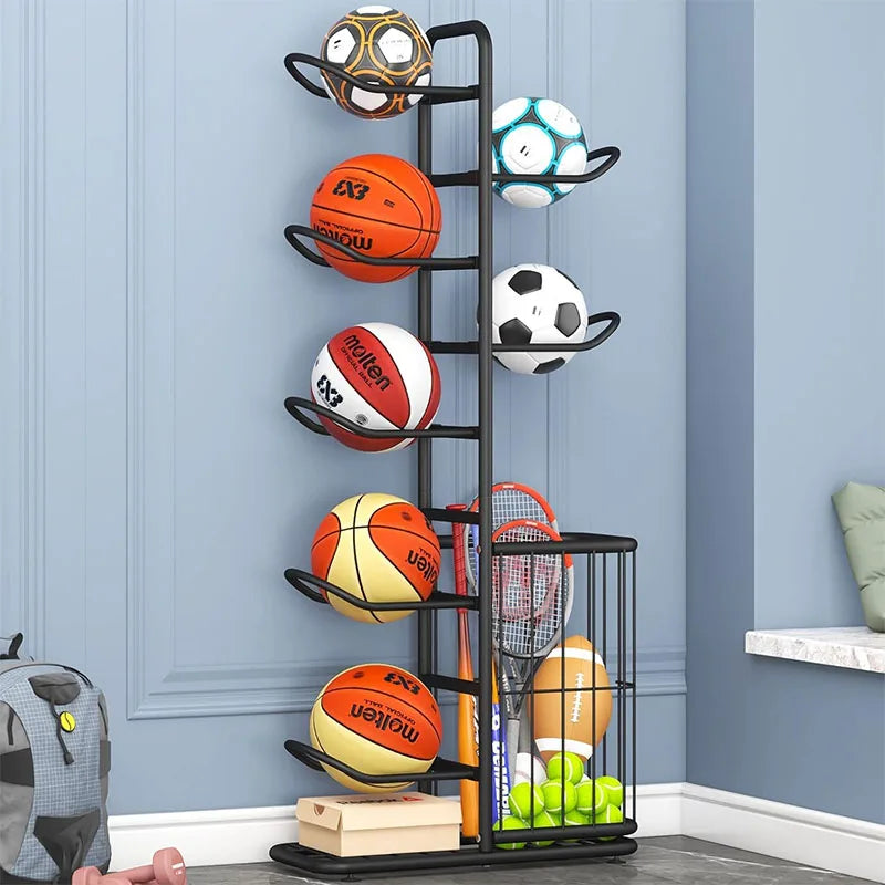 Sports storage rack with basketballs, soccer balls, and rackets against a blue wall, entryway setting