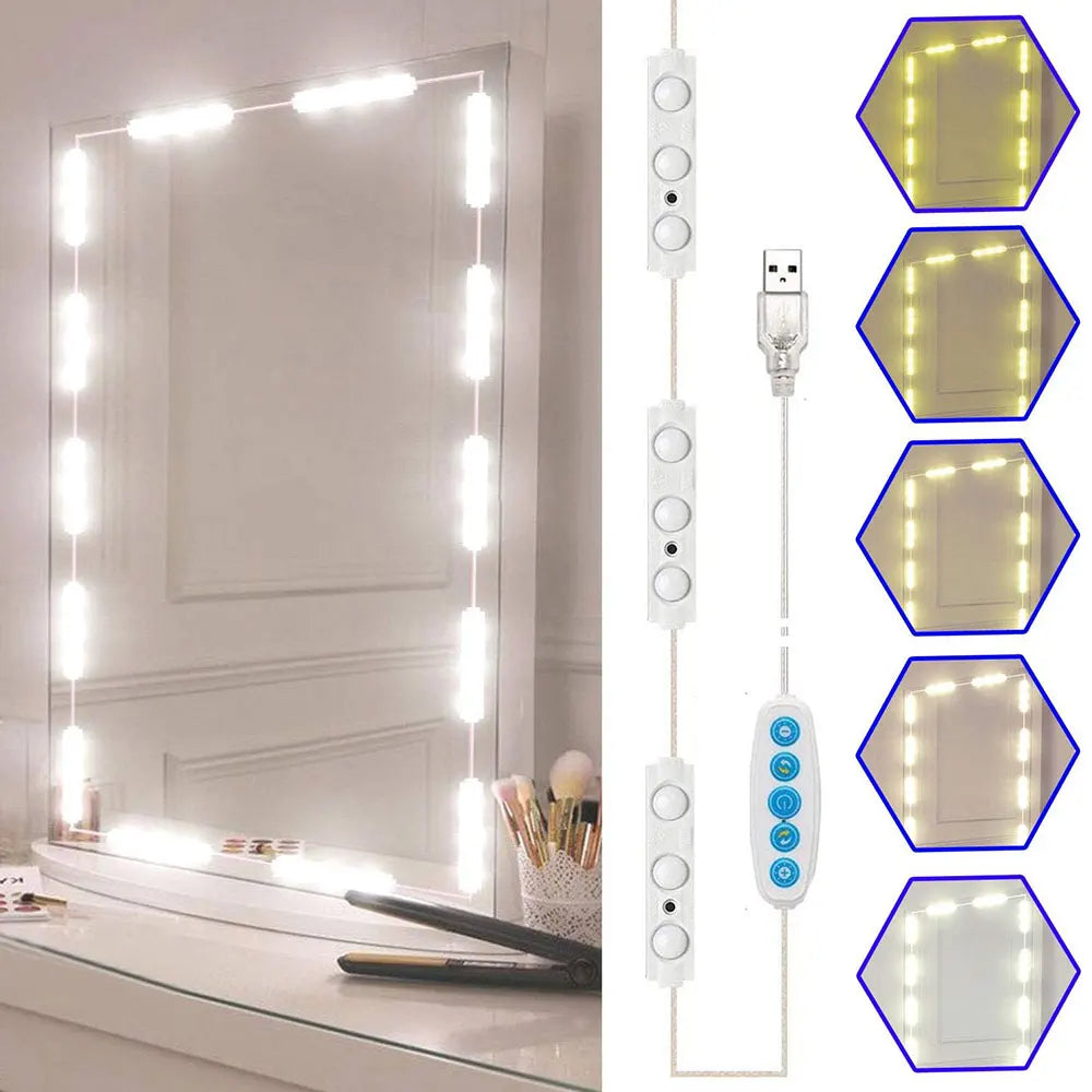 LED vanity mirror light strip installed on a rectangular mirror with USB controller and five color temperature options
