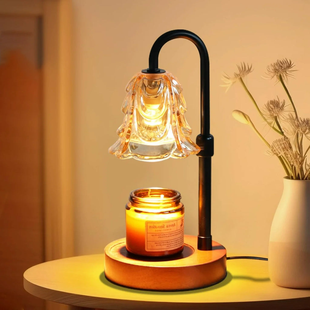 flower candle warmer lamp with glass shade on wooden base, bedroom scene