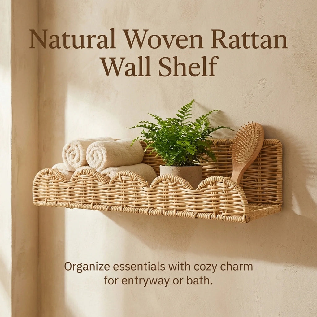 Natural rattan-look wall shelf holding towels and a plant in an entryway or bath setting