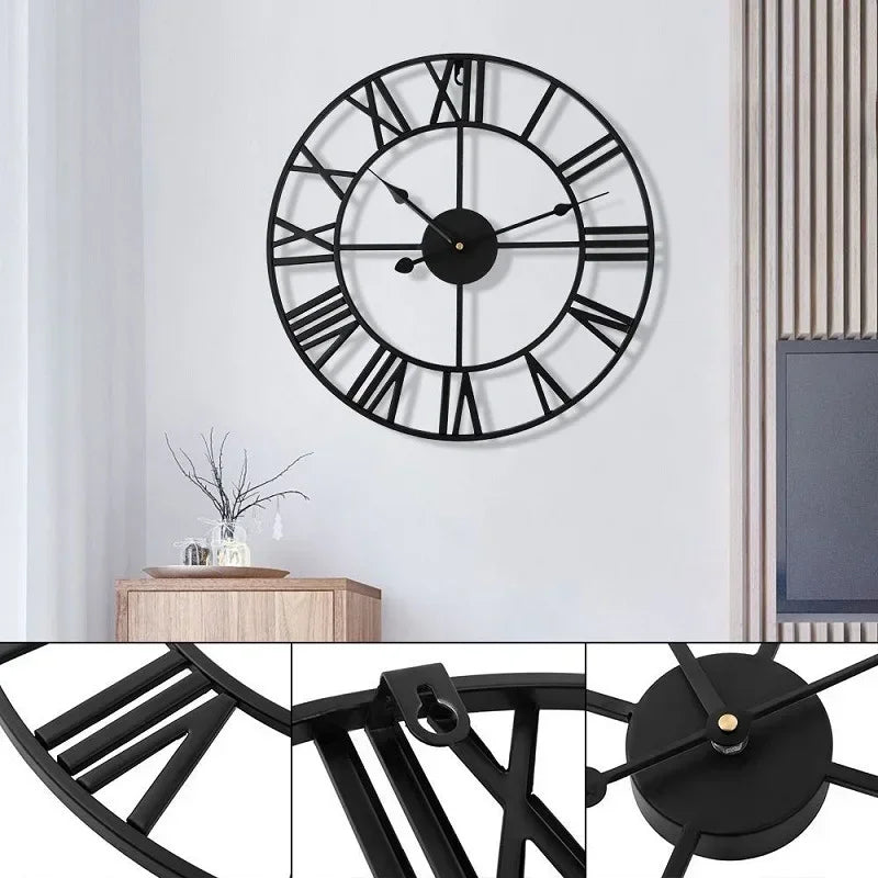 Black metal Roman numeral wall clock on white wall with close-up installation details