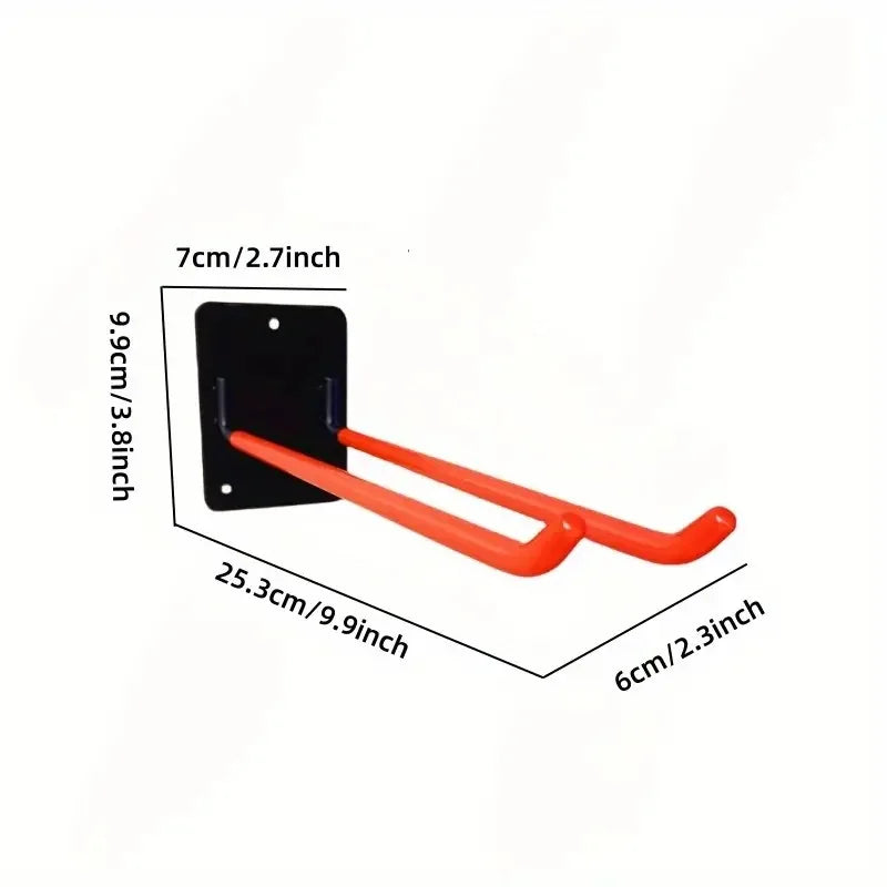Dimensions diagram for orange double wall tool hook, showing measurements in cm and inches
