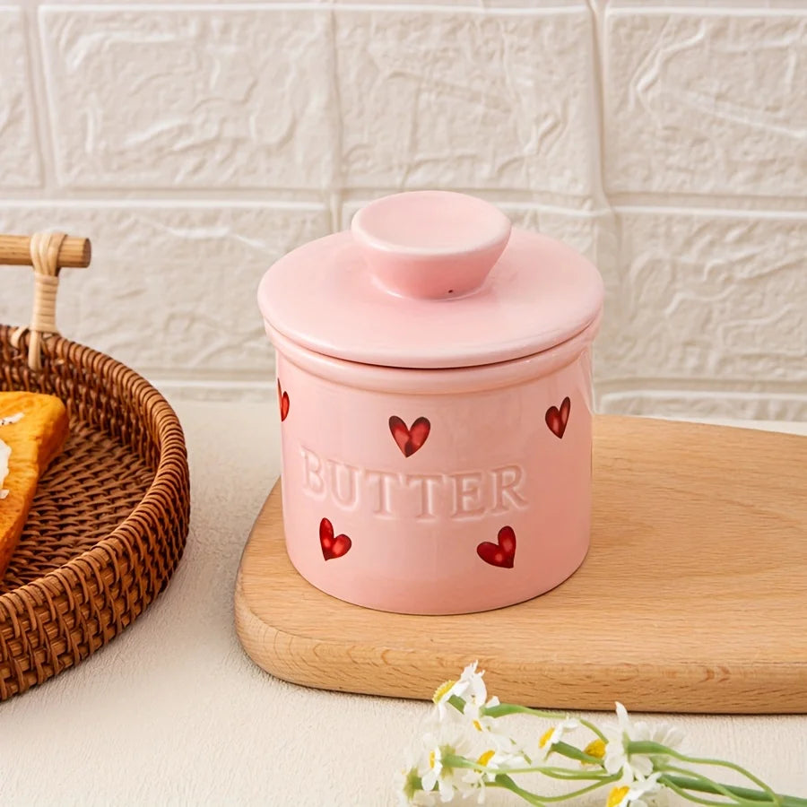 Elise Pink Ceramic French Butter Crock with Lid & Butter Knife for Kitchen Counter