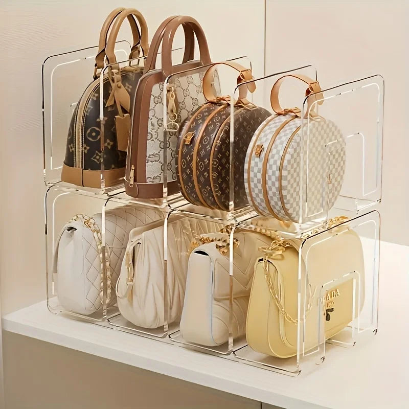 clear acrylic handbag organizers filled with purses on a closet shelf