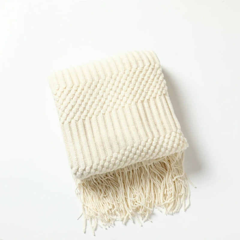 Nordic Knit Acrylic Throw Blanket with Tassels for Bed, Sofa, and Cozy Winter Decor