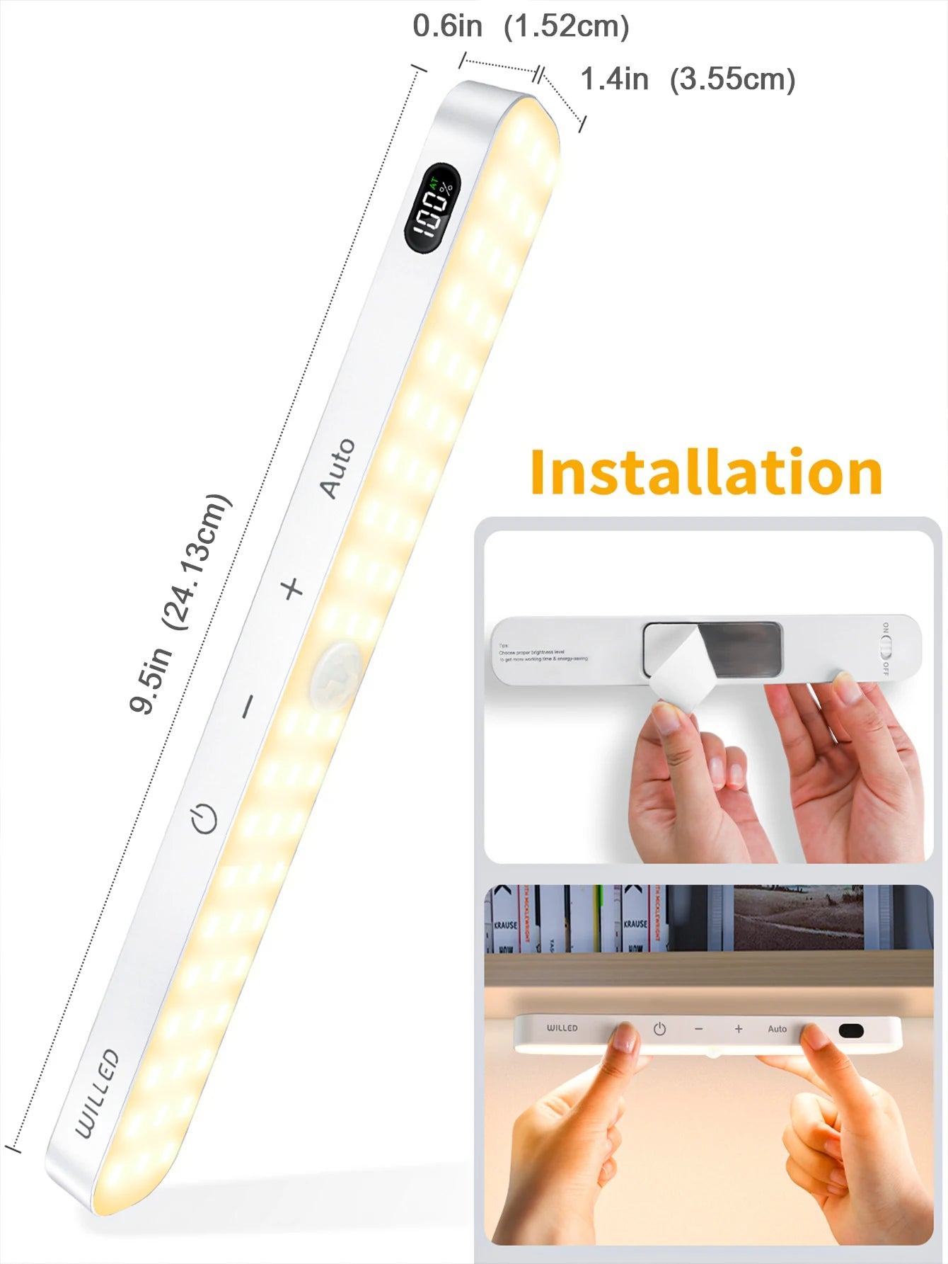 Motion sensor LED light bar with labeled dimensions and step-by-step adhesive magnetic installation examples