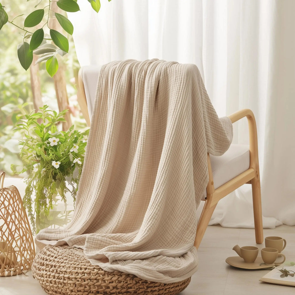 beige cotton gauze blanket on a wooden chair with sunlight and greenery