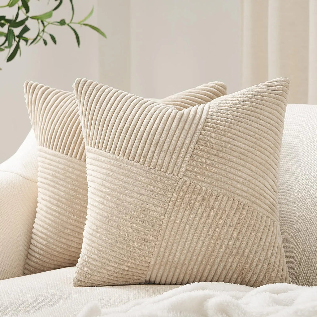 Beige corduroy textured throw pillow cover on a sofa