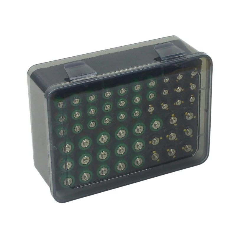 Battery storage case shown standing upright with visible batteries inside, lid closed for compact storage.