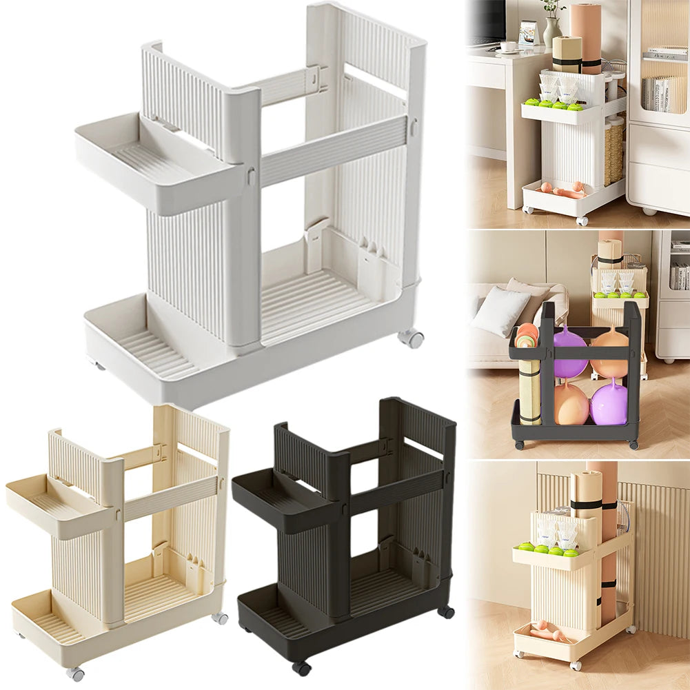 Empty and filled versions of the rolling sports equipment cart shown in three colors; styled in living spaces with gym gear