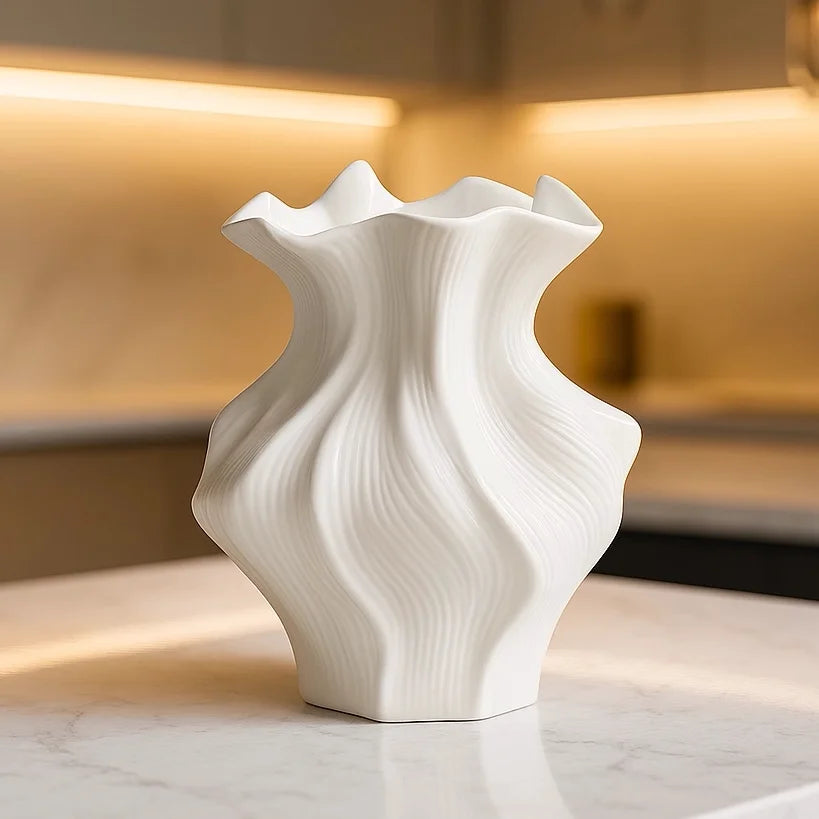 Rivera Textured Ceramic Wave Vase for Modern Living Room & Bedroom Decor