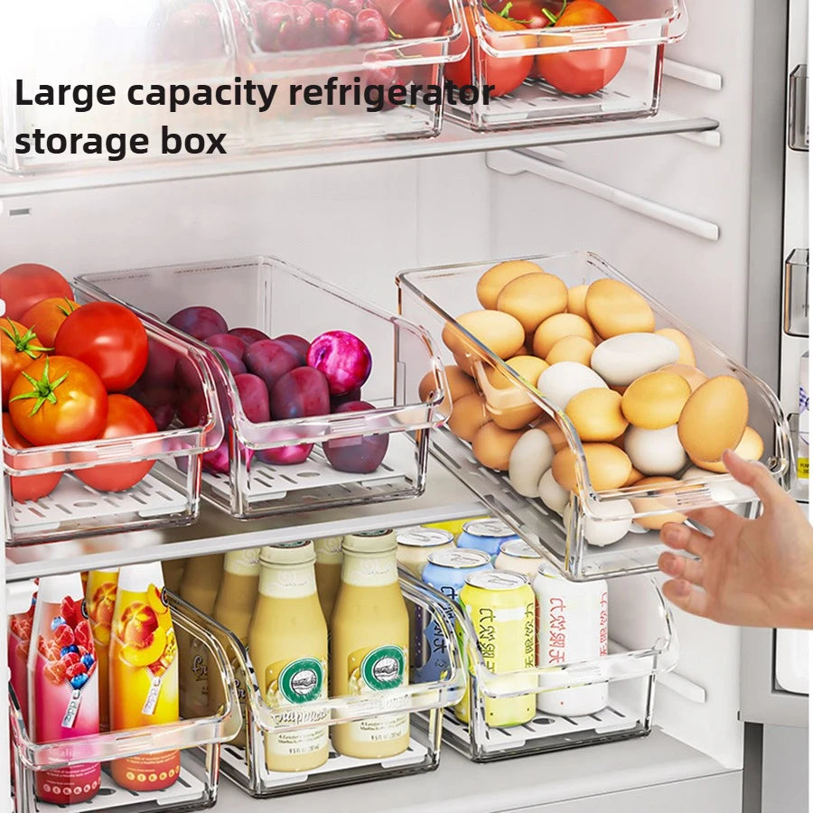Clear organizer bins in a refrigerator holding eggs, tomatoes, plums, and drinks, with overlay text about storage capacity.