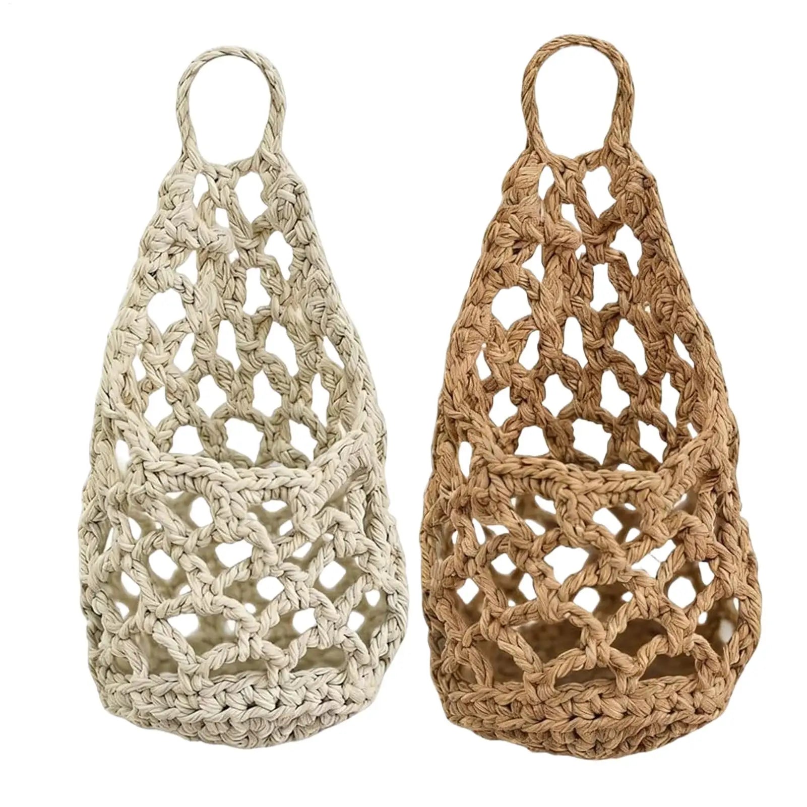 Two cotton rope macrame plant baskets in natural white and brown shown side by side