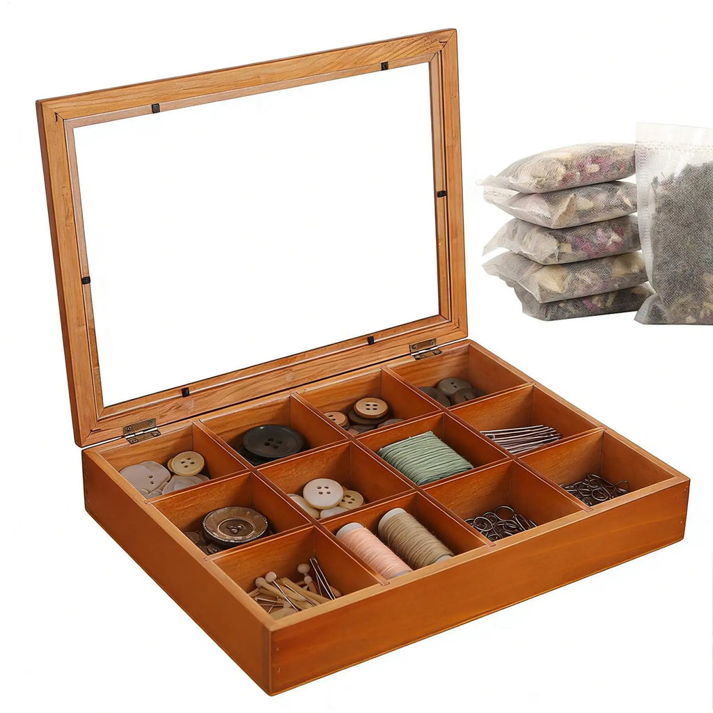 12-Compartment Wooden Tea Bag Organizer with Clear Lid