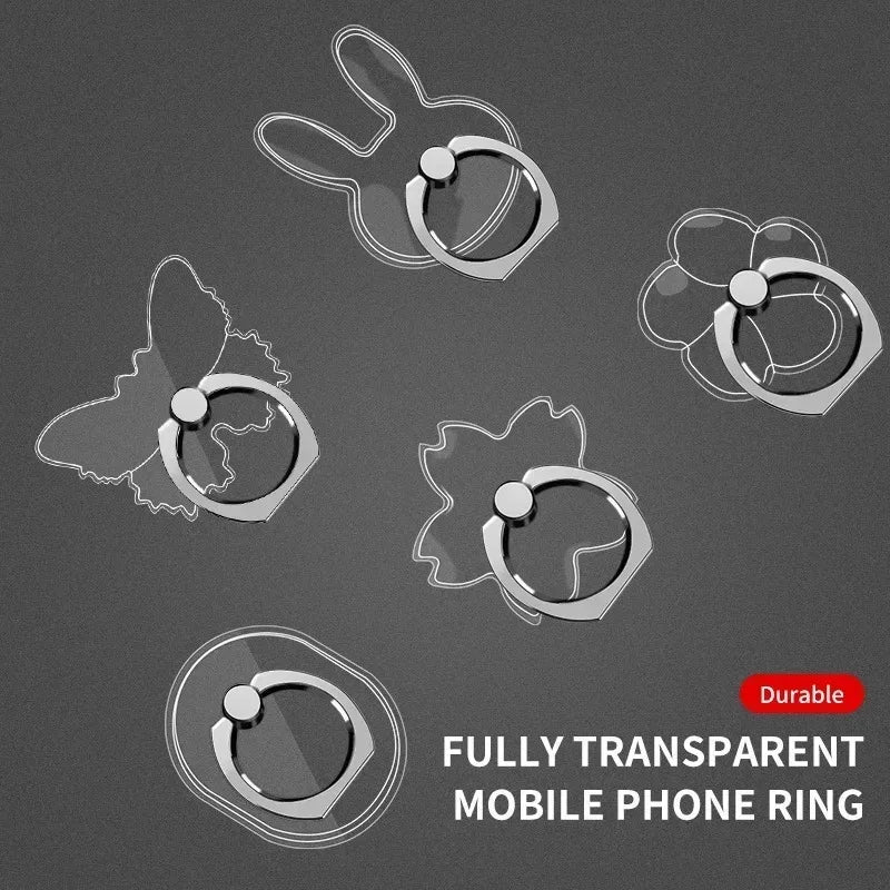 Five transparent animal and flower shaped phone ring holders shown with text 'Fully Transparent Mobile Phone Ring'