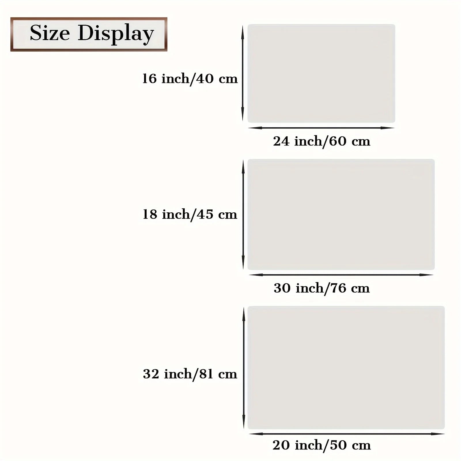 Visual size guide displaying three rectangular doormat dimensions in inches and centimeters