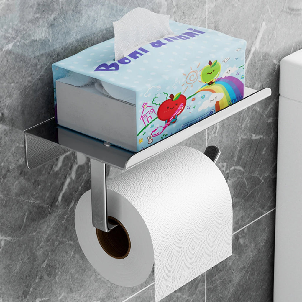 Bathroom tissue roll holder with top shelf holding a tissue box, mounted beside the toilet