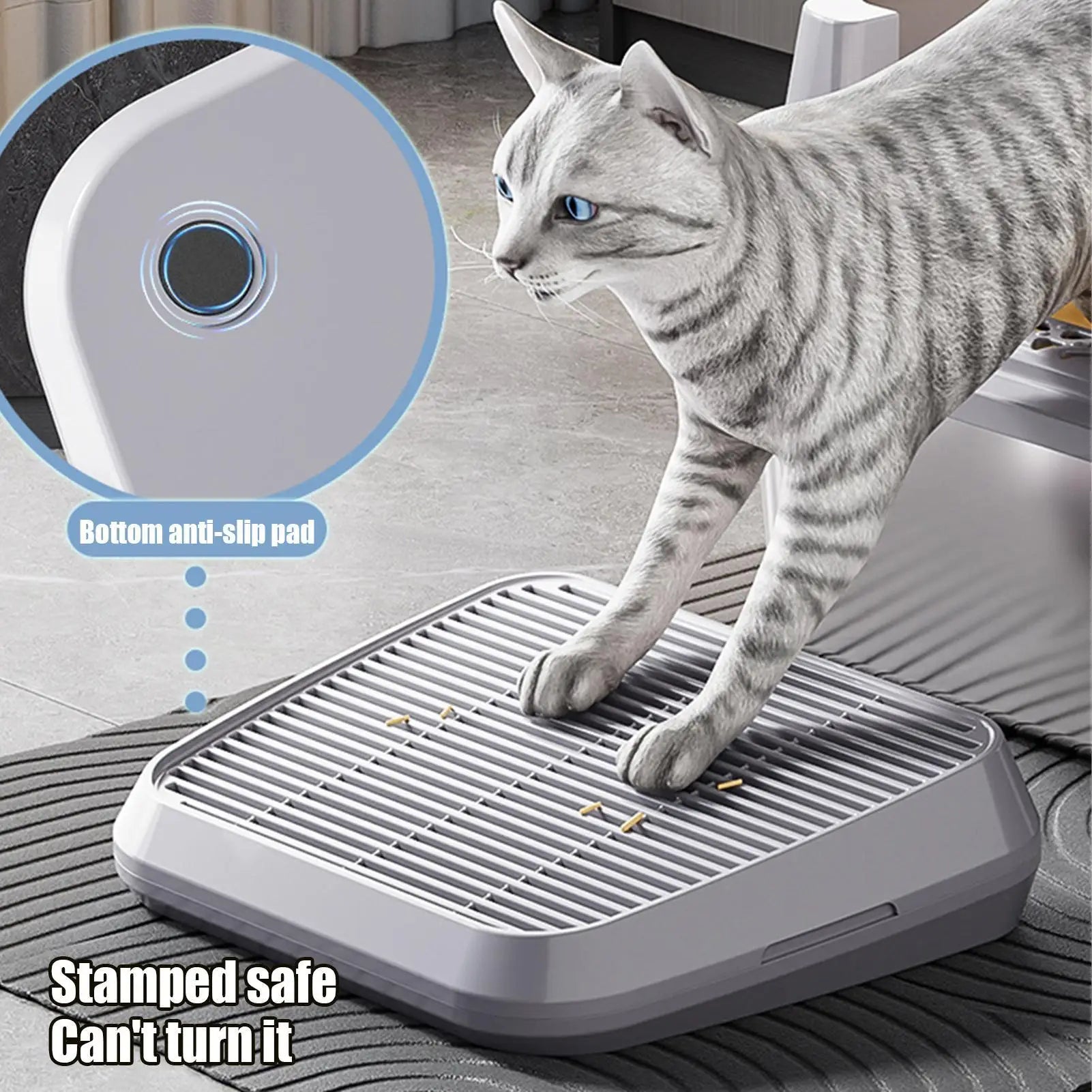 Cat standing on non-slip cat litter catcher ramp with anti-slip pad feature highlighted