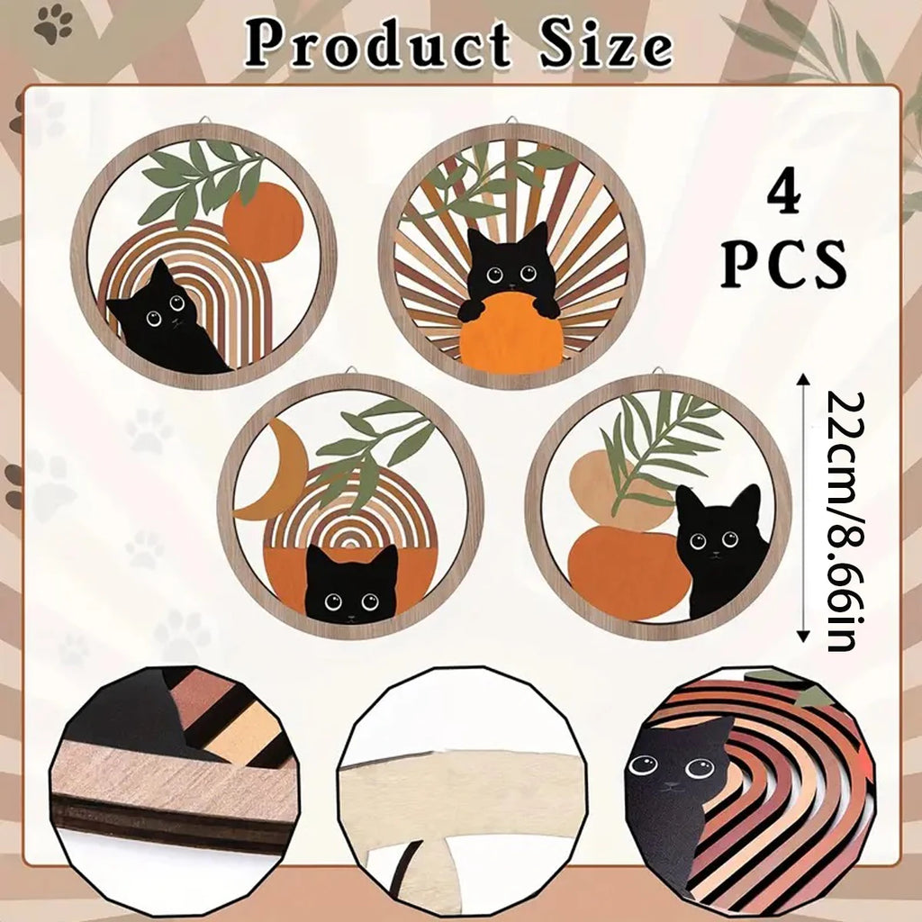 Juniper Boho Cat Wooden Wall Art – Set of 4 Round Hangings