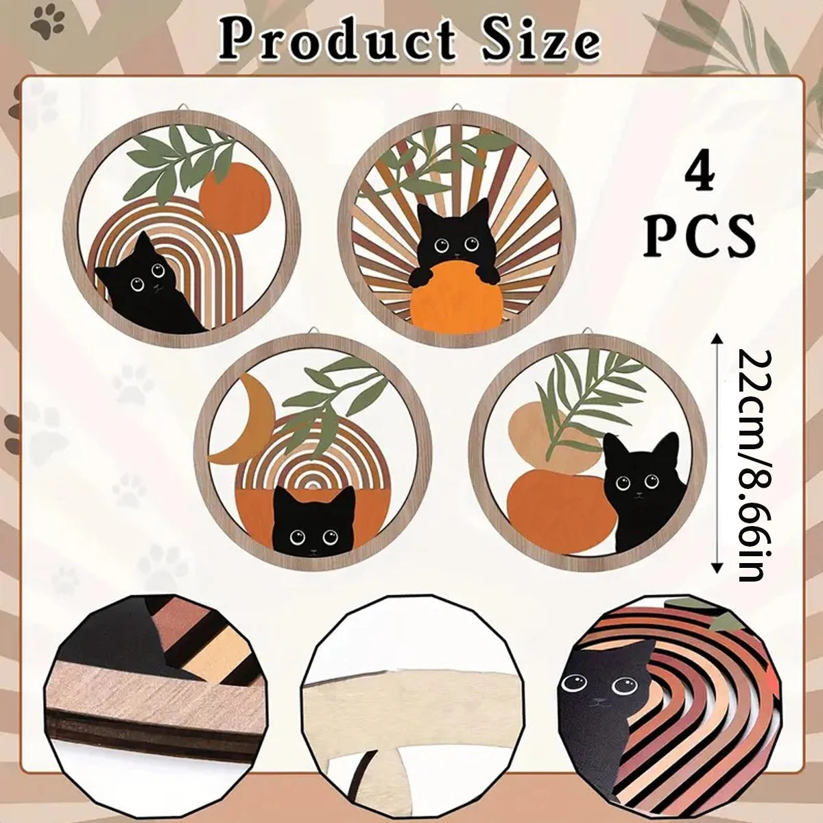 Juniper Boho Cat Wooden Wall Art – Set of 4 Round Hangings
