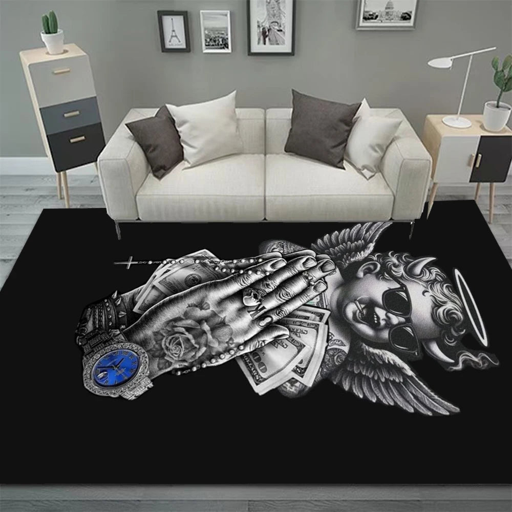 Gothic-Inspired Black Boho Area Rug for Living Room or Bedroom