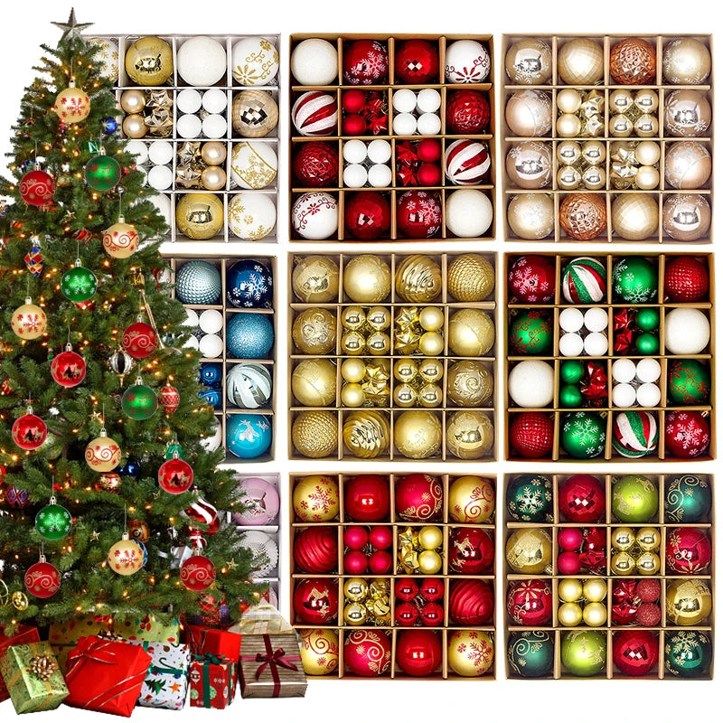 Assorted Christmas ornament sets in various color themes beside decorated tree