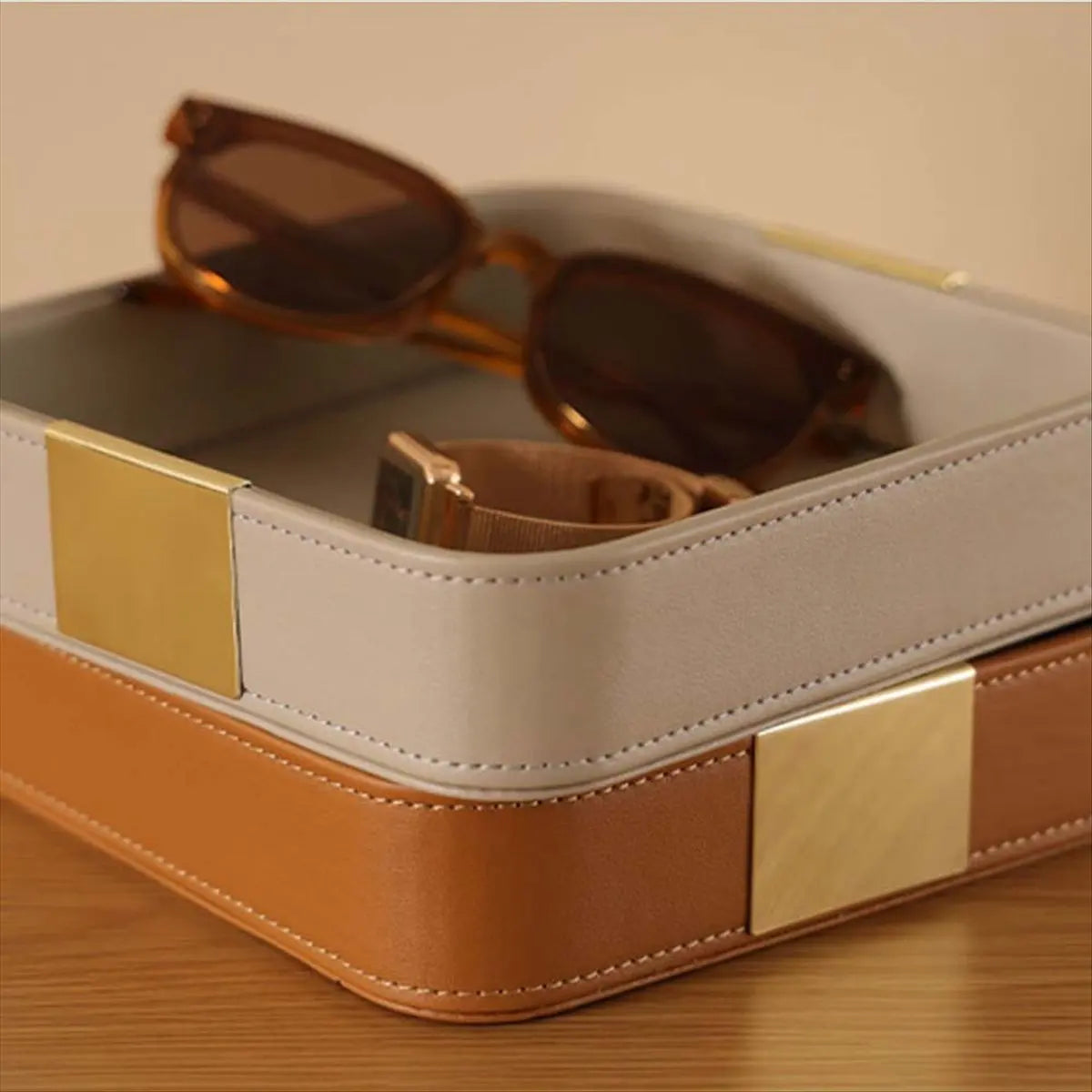 Square PU Leather Catchall Tray with Gold Accent for Entryway, Dresser, or Nightstand