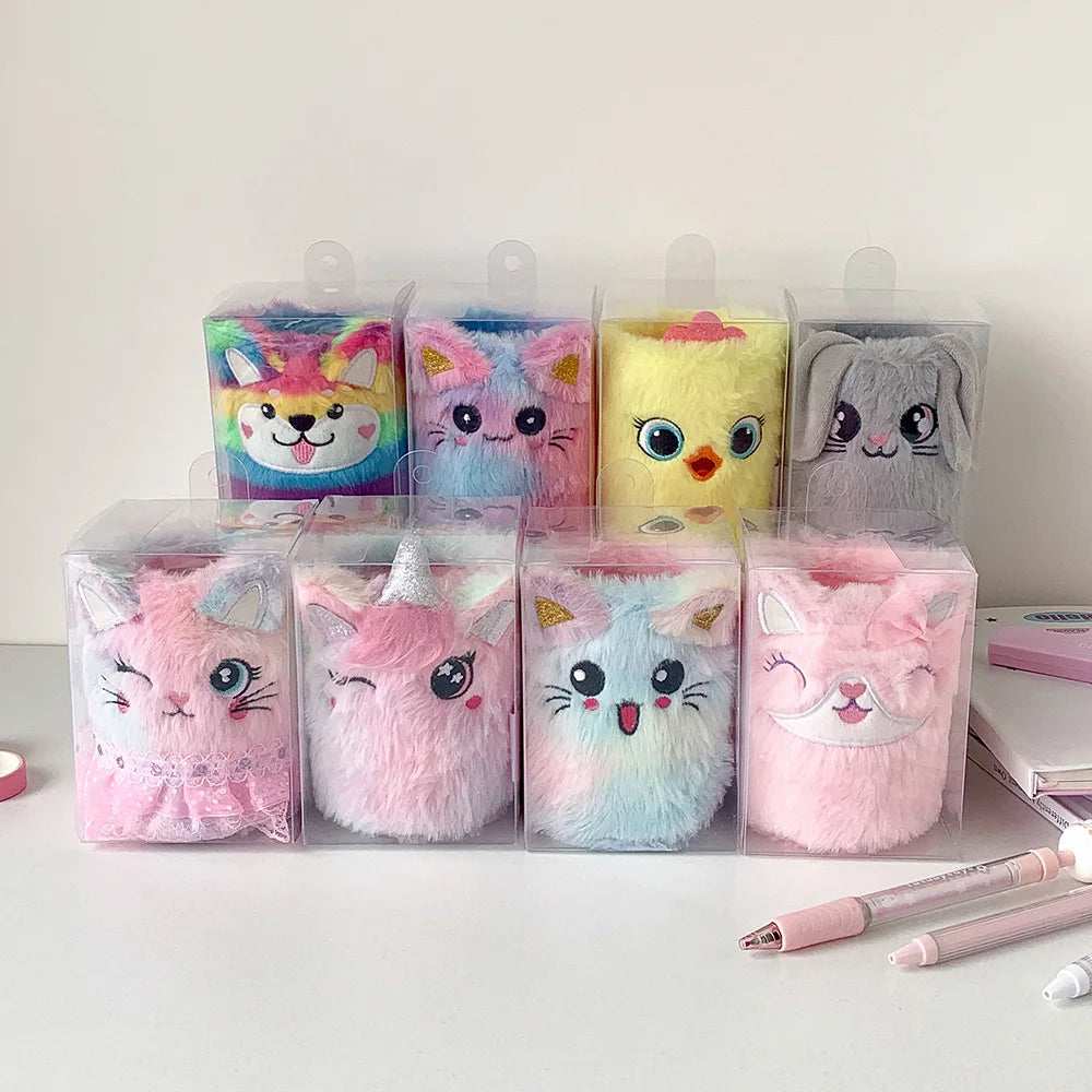 Boxed plush animal desk organizers with different animal faces, stacked and ready for gifting