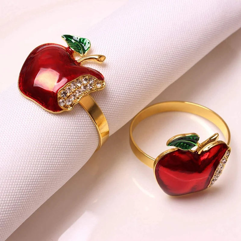 Apple Napkin Rings Set of 18 – Red & Gold Aluminum Alloy with Rhinestones for Festive Dinner, Party, or Holiday Table Decor