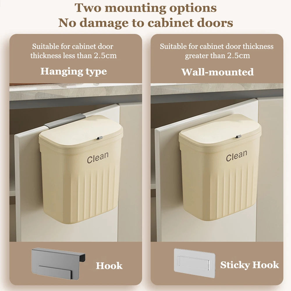 Hanging Kitchen Trash Can with Lid – 8.5L or 12L, Wall or Cabinet Mount