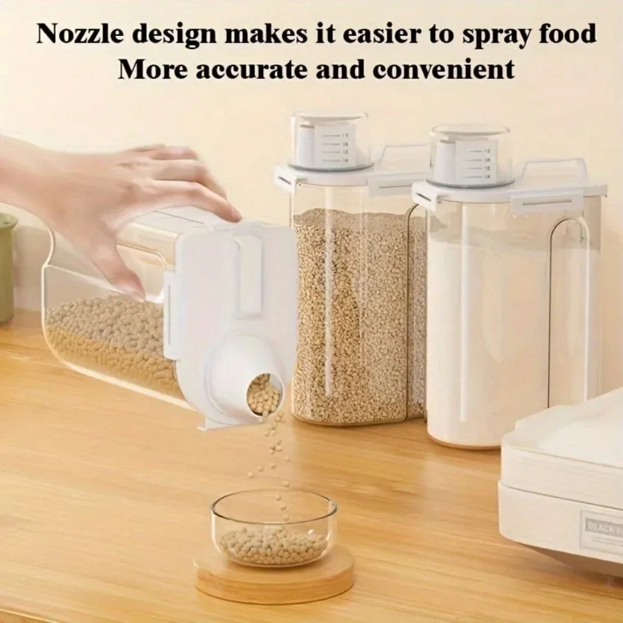 Hand pouring dry food from a container with a spout into a small bowl on a kitchen counter, other containers in background