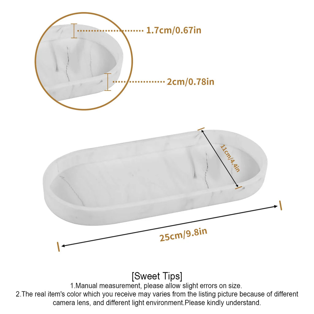 Diagram of the marble-style oval tray with dimensions 25cm by 11cm and rim details